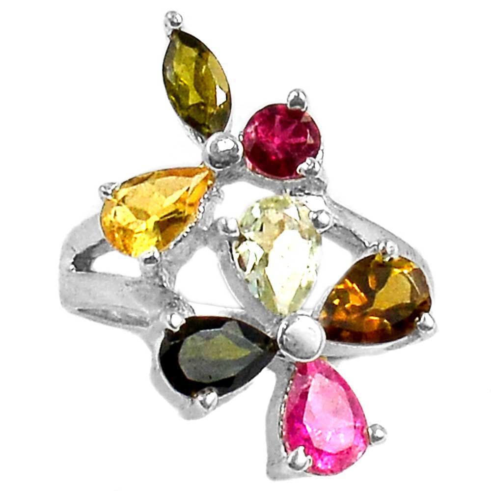 Solid 925 Silver Rings In Natural Multi Tourmaline Gemstone 925SR996