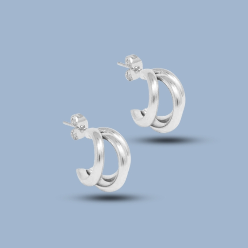 Three Lined Half 925 Sterling Silver Three Hoop Huggie Earrings 925She120_0