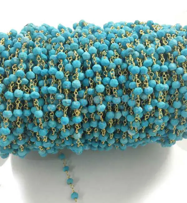 Turquoise Gemstone Rosary Chain. "Wire Wrapped 1 Feet Roll Chain" 925RC241_1