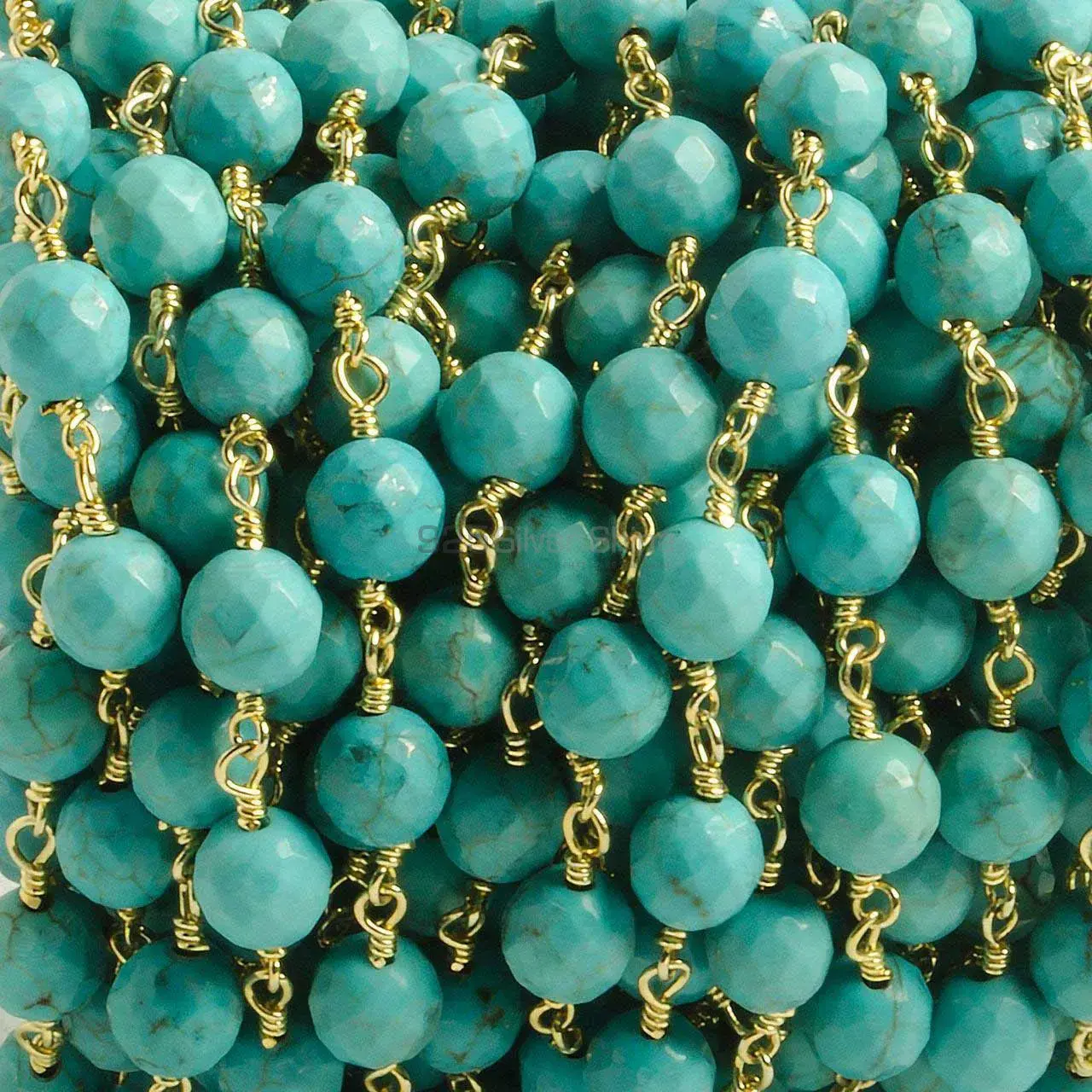 Turquoise Gemstone Faceted Round Rosary Chain. "Wire Wrapped 1 Feet Roll Chain" 925RC240