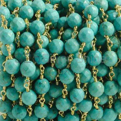 Turquoise Gemstone Faceted Round Rosary Chain. "Wire Wrapped 1 Feet Roll Chain" 925RC240_2