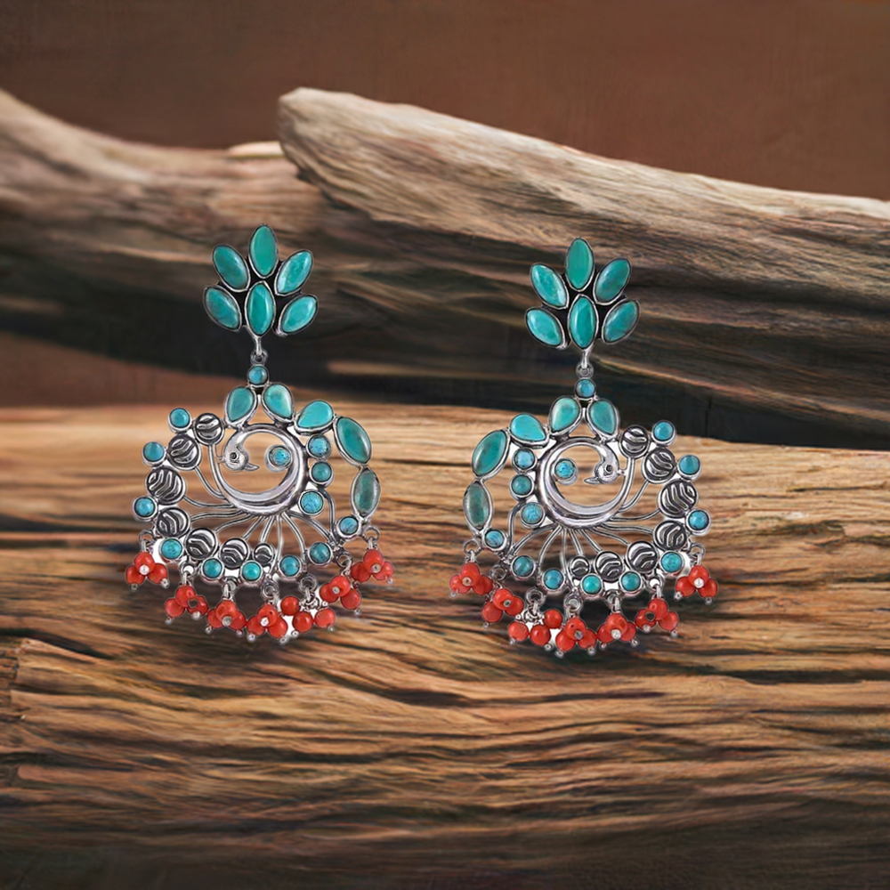 Turquoise Gemstone Peacock Earring In Sterling Silver Jewelry 925SE12